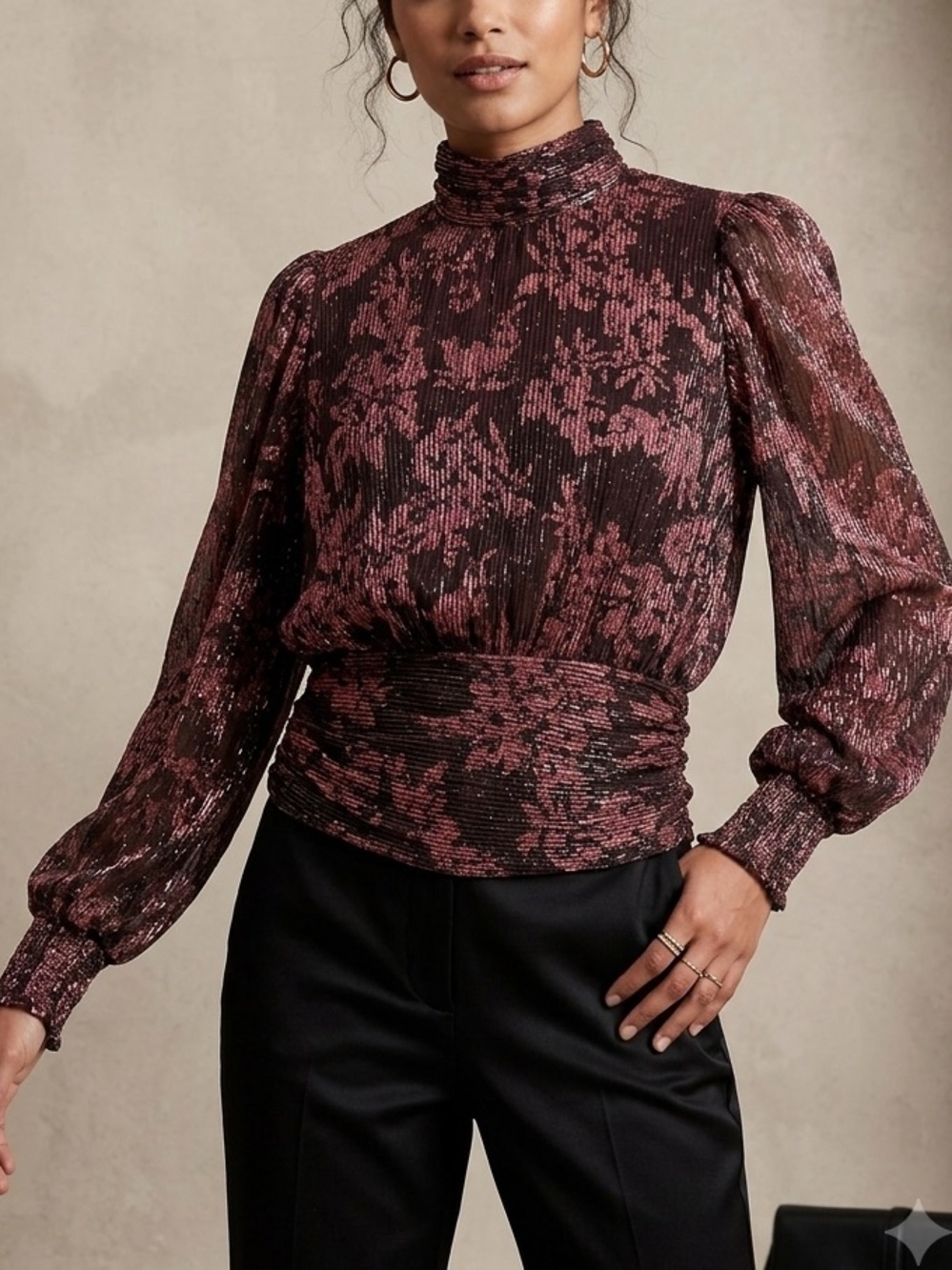 Joie Smocked Waist High-Neck Floral Blouse - Burgundy Pink